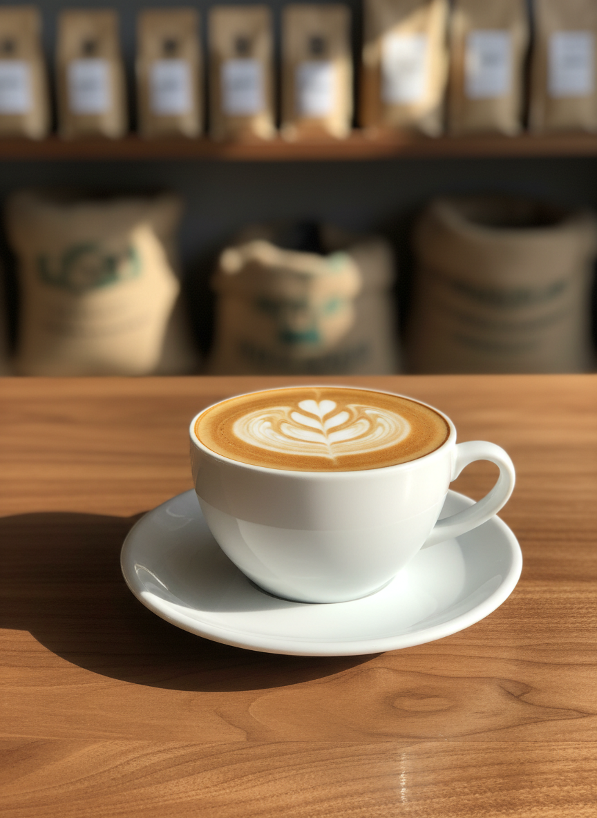 A pristine white ceramic cappuccino cup with a subtle gloss finish, filled to the brim with velvety espresso and silky microfoam, a precise rosetta latte art design centered on the surface. The cup rests on a matching saucer atop a warm walnut cafe table with a fine wood grain. Soft morning sunlight enters from an unseen window to the left, casting gentle highlights on the cup’s rim and a clean shadow across the table. The background fades into a soft bokeh of shelves with neatly arranged bags of coffee beans. Photographic realism, eye-level composition, shallow depth of field, calm and inviting mood for a cozy neighborhood cafe.