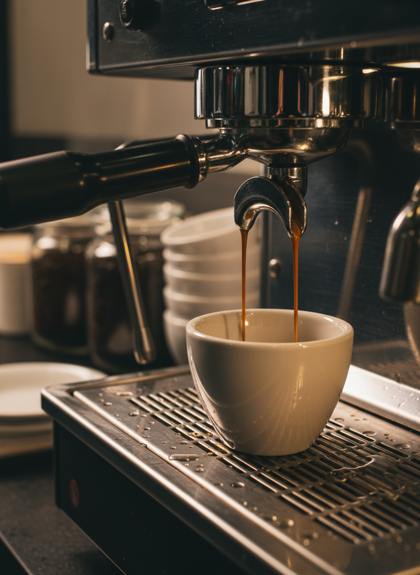 A close-up of a polished stainless steel espresso machine group head as a shot is pulled into a small, thick-walled ceramic demitasse. Dark, syrupy espresso flows in twin streams, catching the warm under-counter LED lighting and creating gleaming highlights. The demitasse sits on a brushed metal drip tray with scattered droplets reflecting the light. In the softly blurred background, the rest of the cafe bar is hinted at with organized jars of beans and neatly stacked cups. Photographic realism, tight composition with a shallow depth of field and dramatic side lighting, evoking precision, craft, and professional coffee preparation.