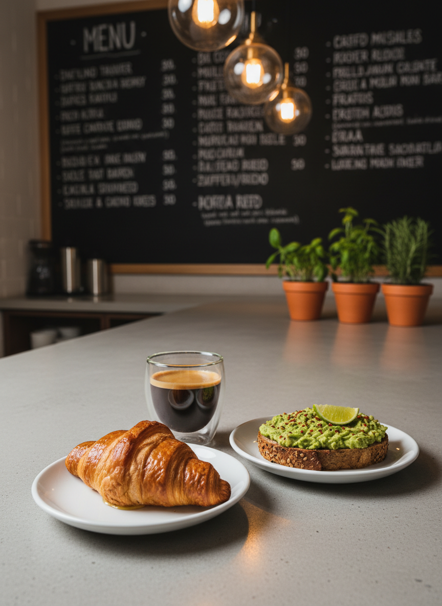 A meticulously arranged breakfast spread featuring a golden, flaky butter croissant, a small plate of avocado toast on seeded sourdough, and a clear double-walled glass of dark espresso with a rich crema. Everything is placed on a smooth, light concrete countertop in a minimal, modern cafe interior. Overhead, warm pendant lighting creates focused pools of light, producing soft, rounded shadows and subtle reflections on the glass. In the softly blurred background, a chalkboard-style menu and a few potted herbs add context. Captured from a slightly elevated angle with the main items framed by the rule of thirds, photographic realism, conveying a professional yet cozy morning atmosphere.