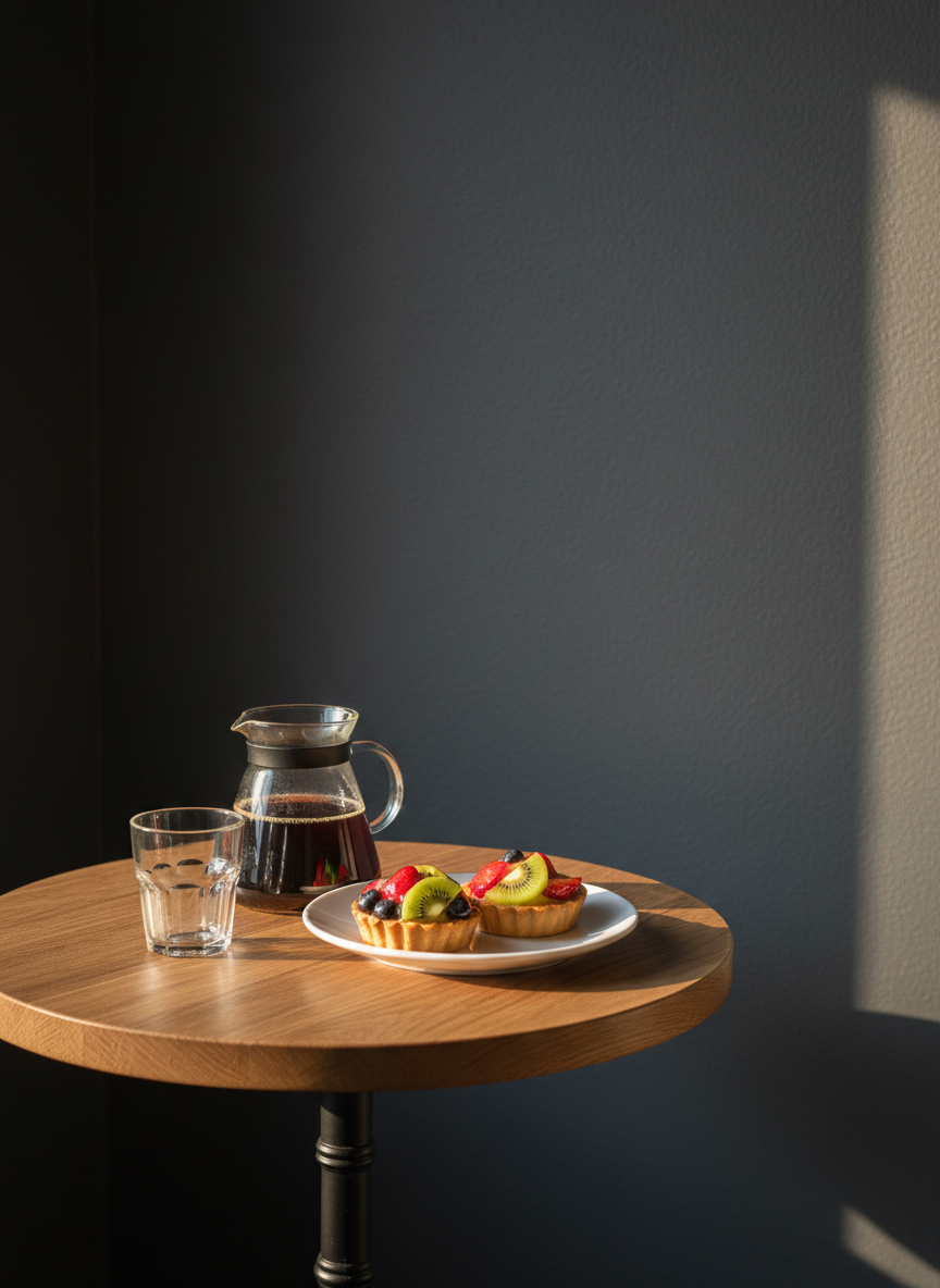 An inviting corner of Cafe Shazz featuring a small round oak table set against a matte charcoal wall, with a single freshly brewed filter coffee in a clear glass carafe beside a matching tumbler. A plate with two delicate fruit-topped pastries, their glazes catching the light, rests nearby. Late afternoon natural light streams in from a nearby window, creating a warm, golden glow and diagonal shadows across the tabletop. A subtle reflection of the window frame appears on the carafe’s curve. The scene is photographed at eye level with an asymmetrical composition, leaving negative space on the dark wall. Photographic realism, calm and contemplative, embodying a cozy neighborhood retreat.